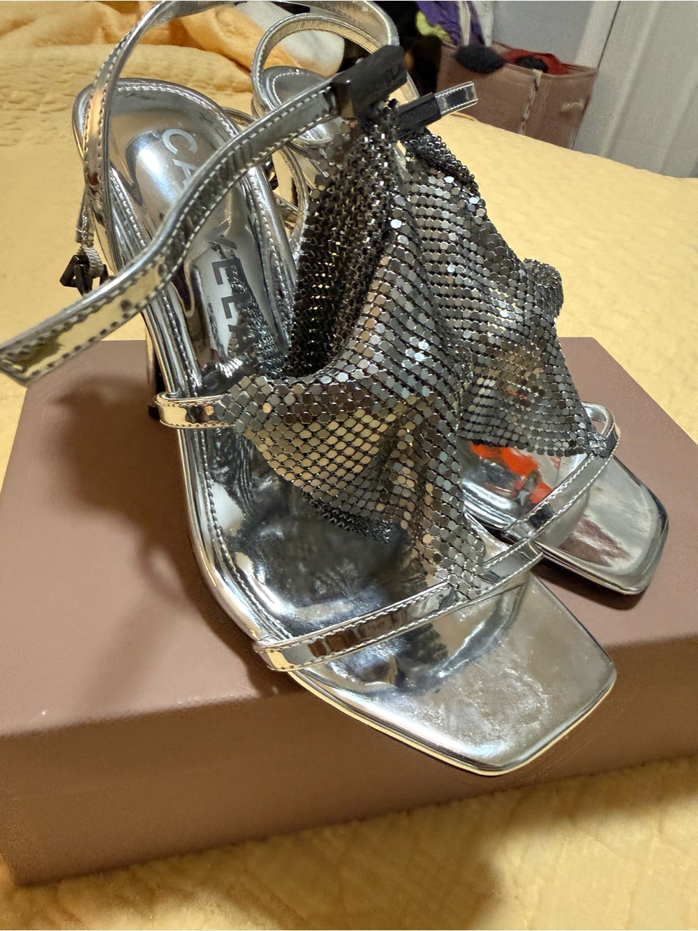 Carvela/Kurt Geiger Silver Chainmail Heels - Metallic Strappy Heels